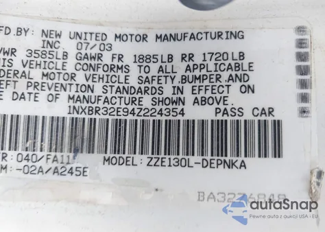 2004 Toyota Corolla Le from USA, damaged, VIN 1NXBR32E94Z224354